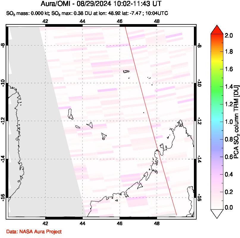 A sulfur dioxide image over Comoro Islands on Aug 29, 2024.