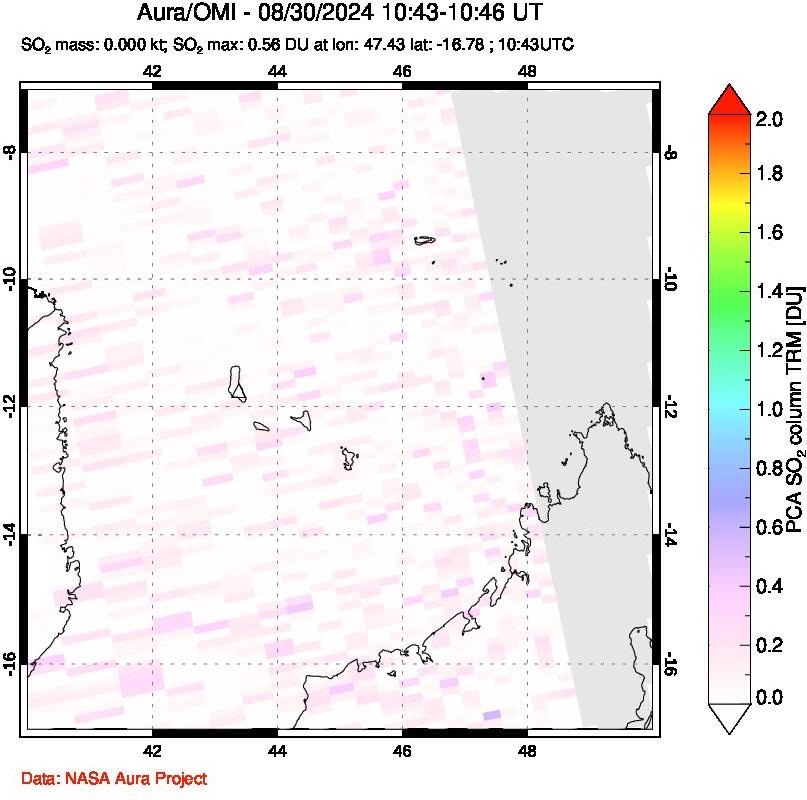 A sulfur dioxide image over Comoro Islands on Aug 30, 2024.