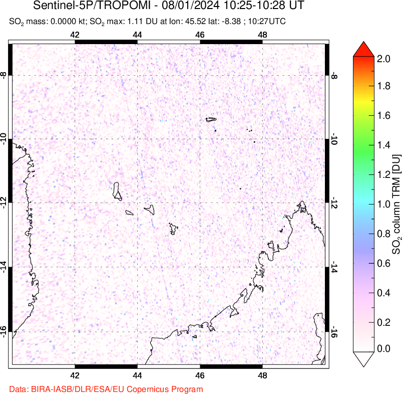 A sulfur dioxide image over Comoro Islands on Aug 01, 2024.