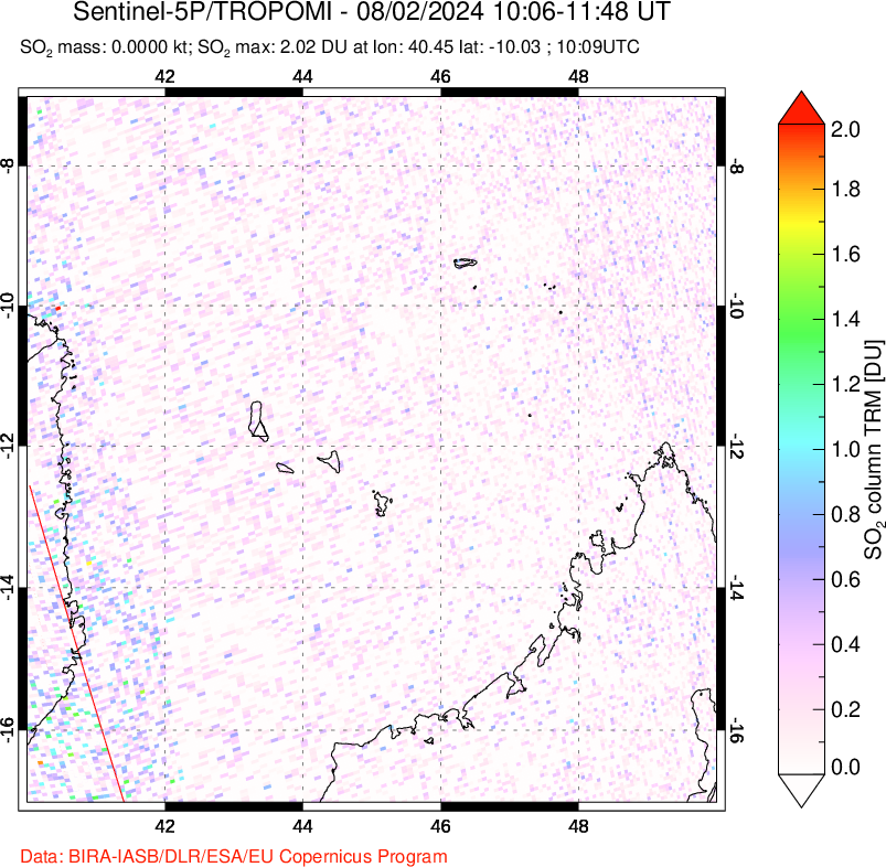 A sulfur dioxide image over Comoro Islands on Aug 02, 2024.