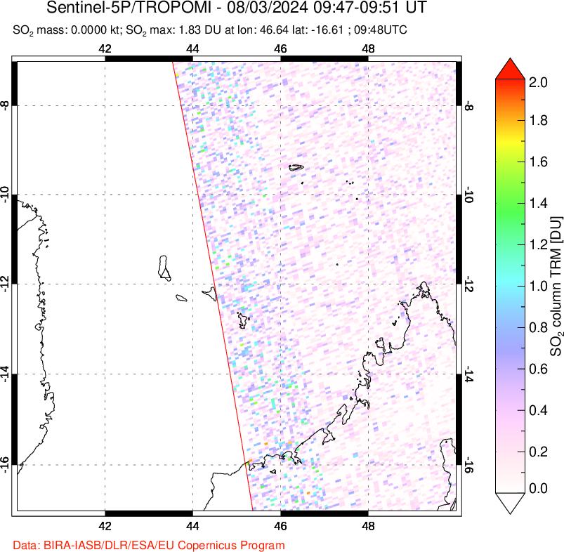 A sulfur dioxide image over Comoro Islands on Aug 03, 2024.