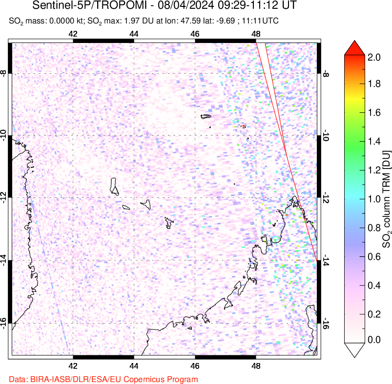 A sulfur dioxide image over Comoro Islands on Aug 04, 2024.