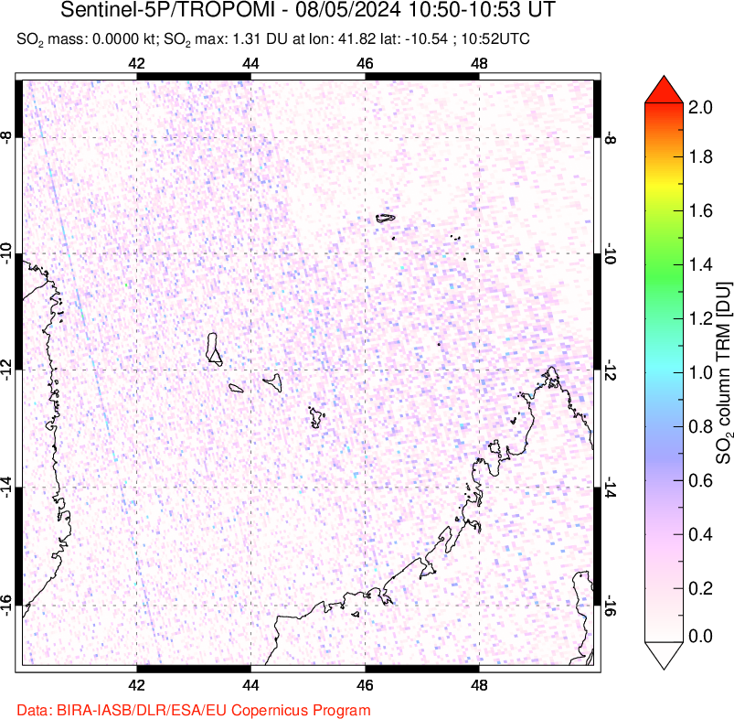 A sulfur dioxide image over Comoro Islands on Aug 05, 2024.