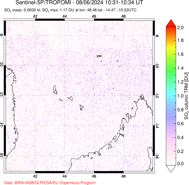 A sulfur dioxide image over Comoro Islands on Aug 06, 2024.