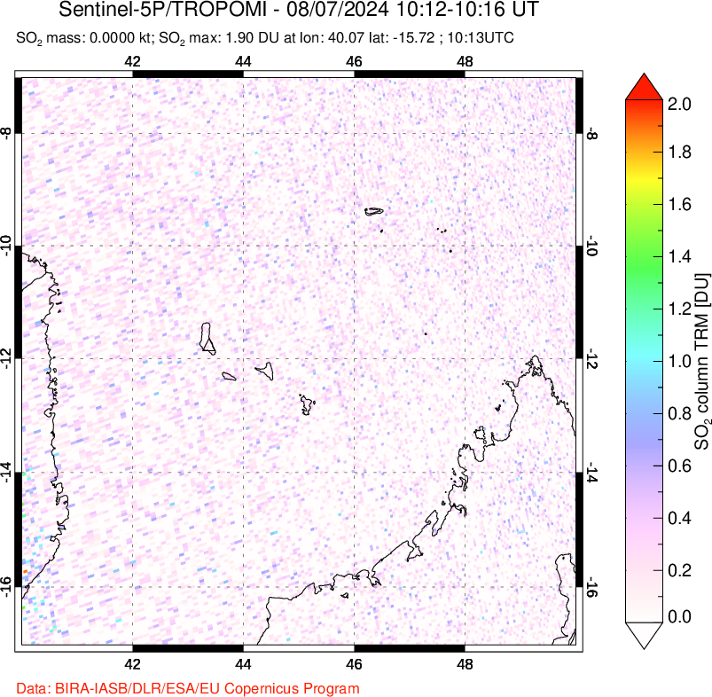 A sulfur dioxide image over Comoro Islands on Aug 07, 2024.