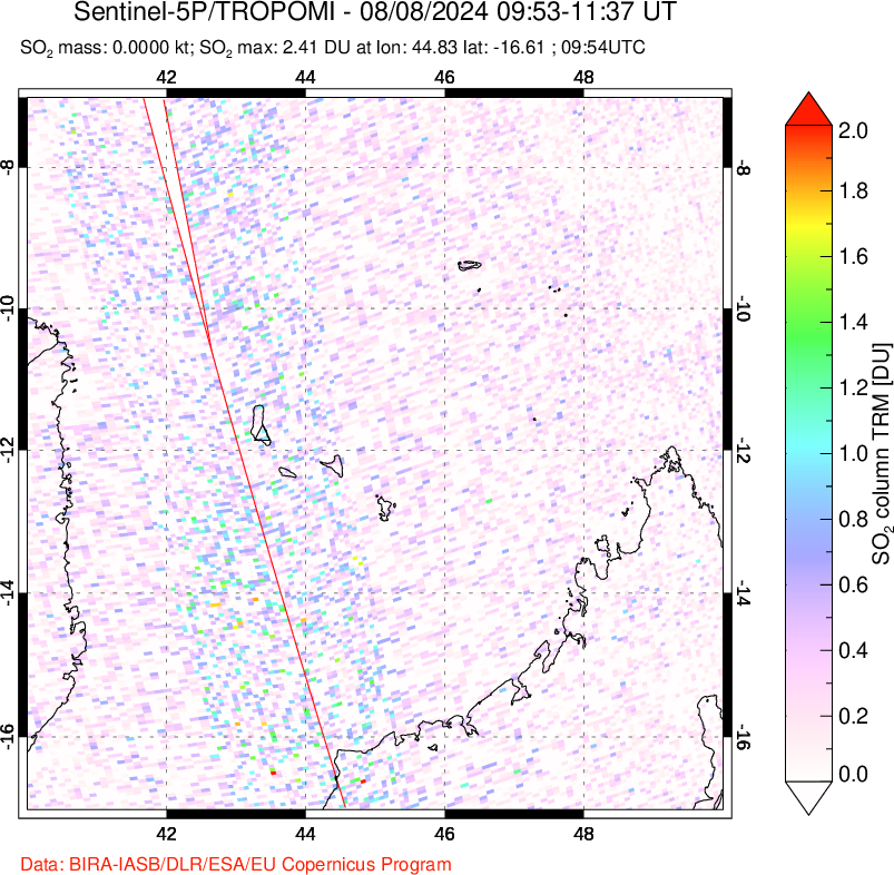 A sulfur dioxide image over Comoro Islands on Aug 08, 2024.