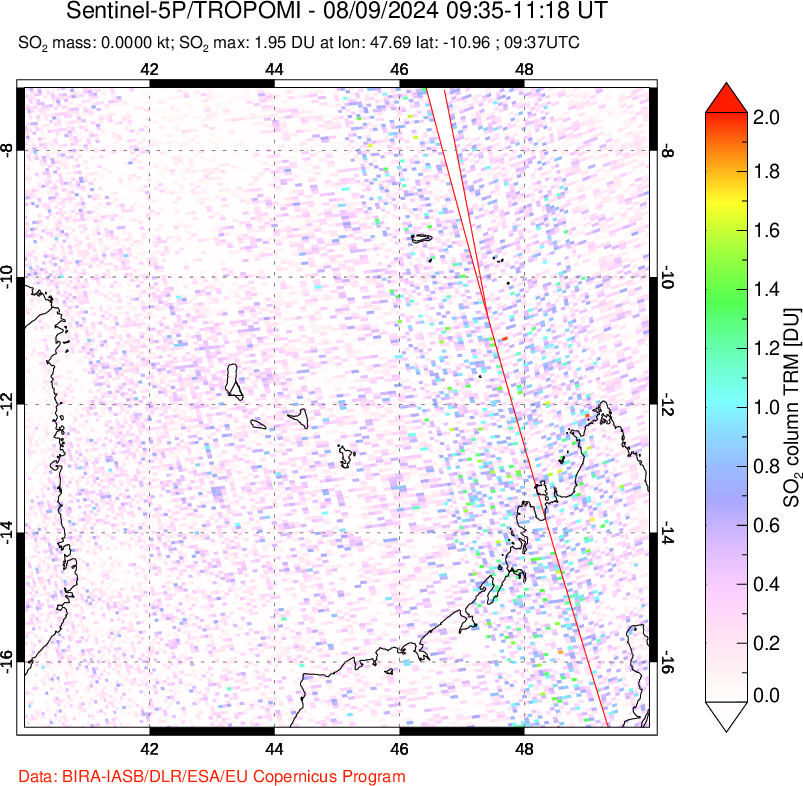 A sulfur dioxide image over Comoro Islands on Aug 09, 2024.