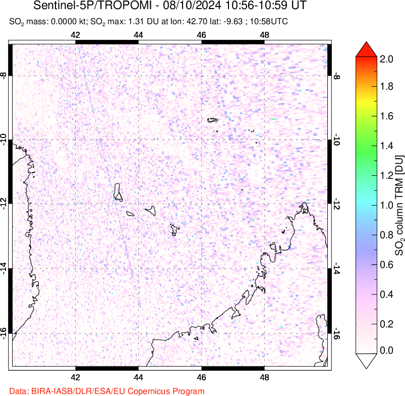 A sulfur dioxide image over Comoro Islands on Aug 10, 2024.