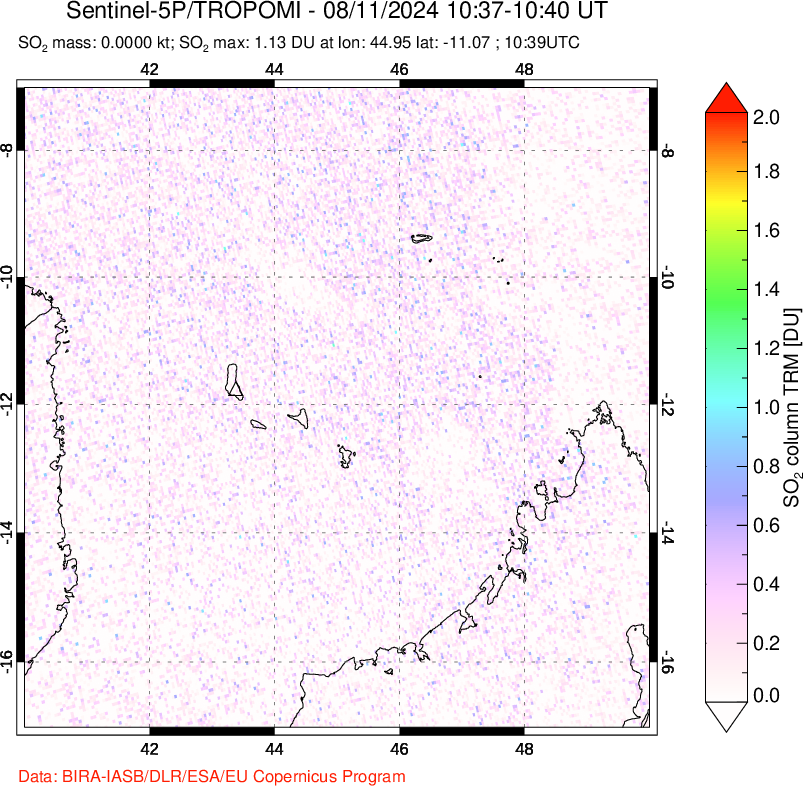 A sulfur dioxide image over Comoro Islands on Aug 11, 2024.