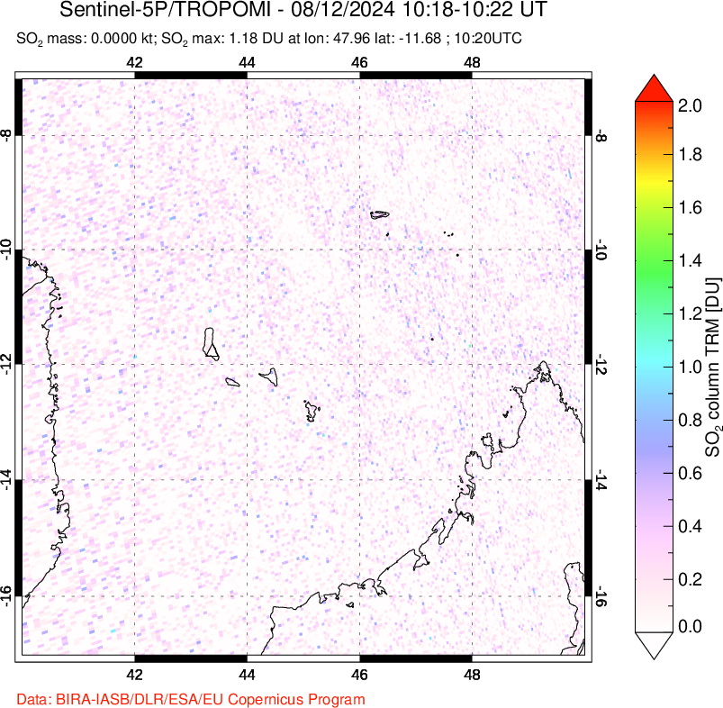 A sulfur dioxide image over Comoro Islands on Aug 12, 2024.