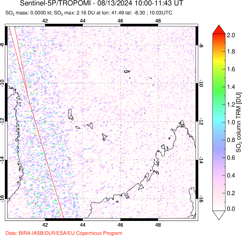 A sulfur dioxide image over Comoro Islands on Aug 13, 2024.