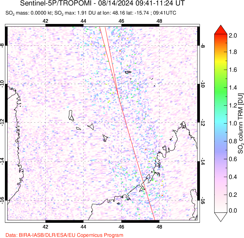 A sulfur dioxide image over Comoro Islands on Aug 14, 2024.