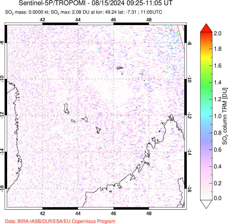 A sulfur dioxide image over Comoro Islands on Aug 15, 2024.