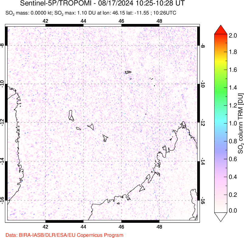 A sulfur dioxide image over Comoro Islands on Aug 17, 2024.