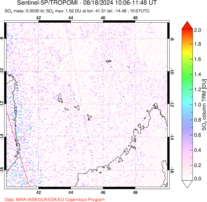 A sulfur dioxide image over Comoro Islands on Aug 18, 2024.