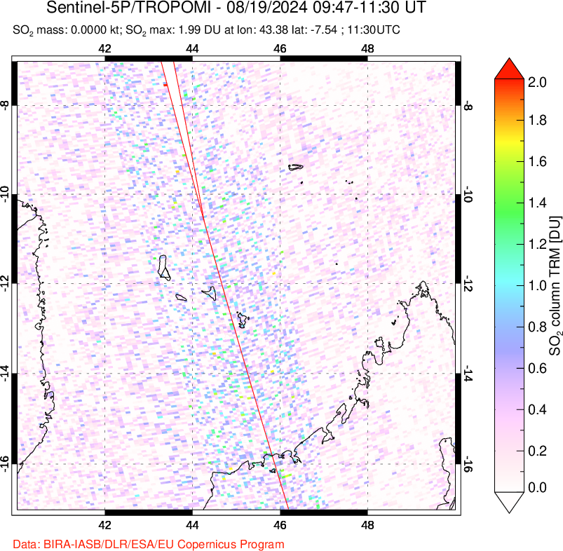 A sulfur dioxide image over Comoro Islands on Aug 19, 2024.