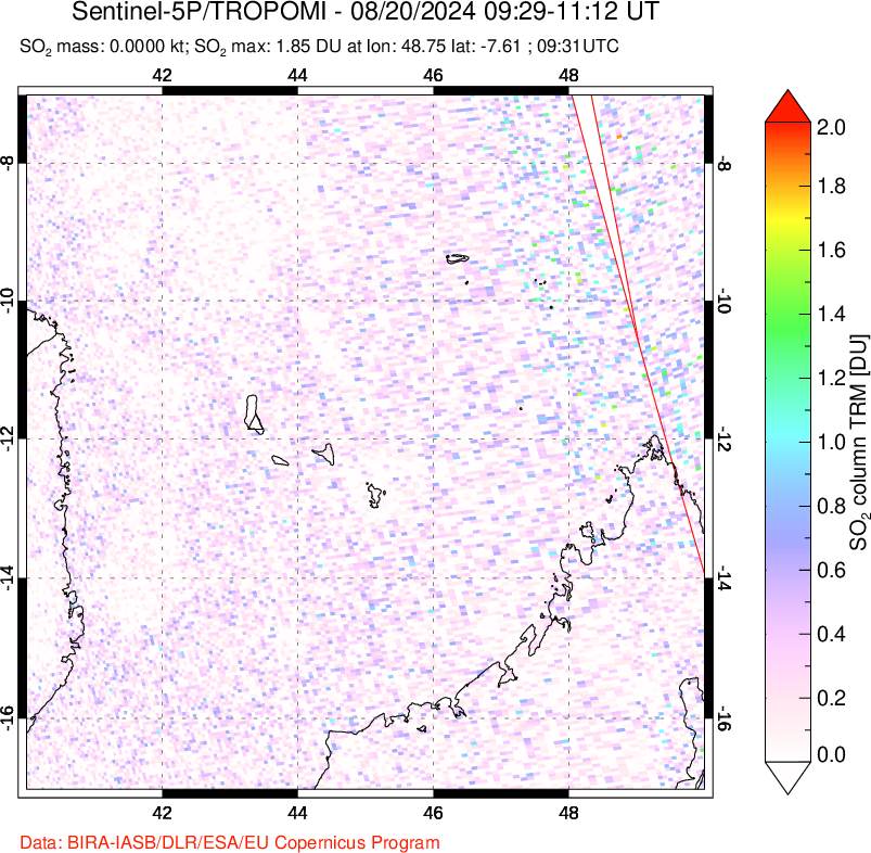 A sulfur dioxide image over Comoro Islands on Aug 20, 2024.