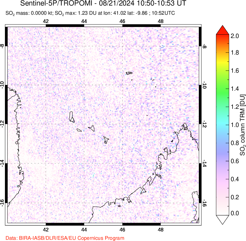 A sulfur dioxide image over Comoro Islands on Aug 21, 2024.