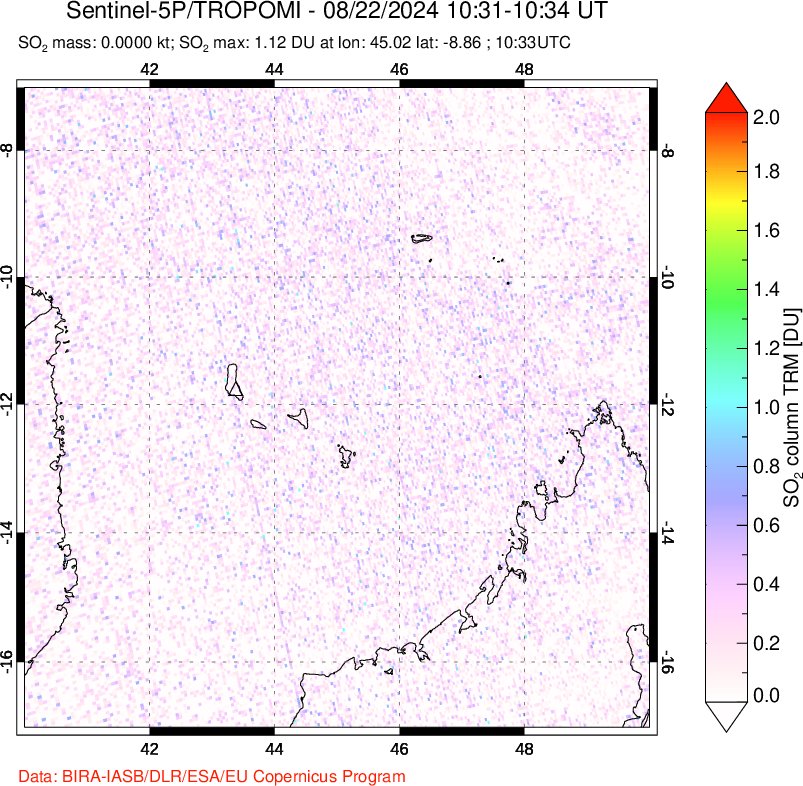 A sulfur dioxide image over Comoro Islands on Aug 22, 2024.