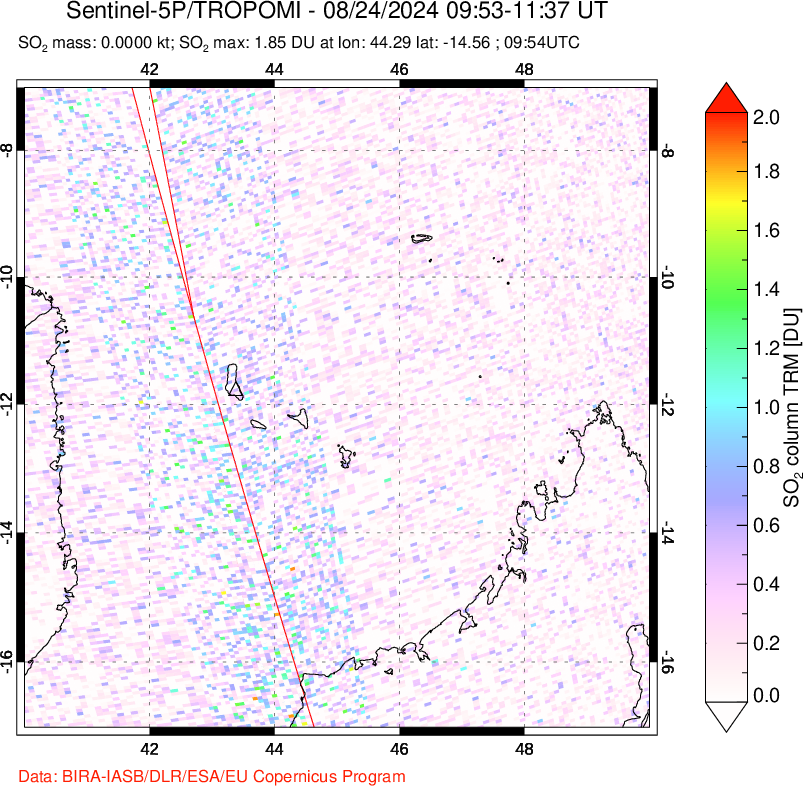 A sulfur dioxide image over Comoro Islands on Aug 24, 2024.