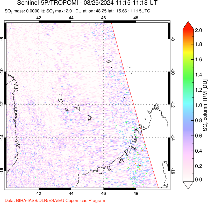 A sulfur dioxide image over Comoro Islands on Aug 25, 2024.