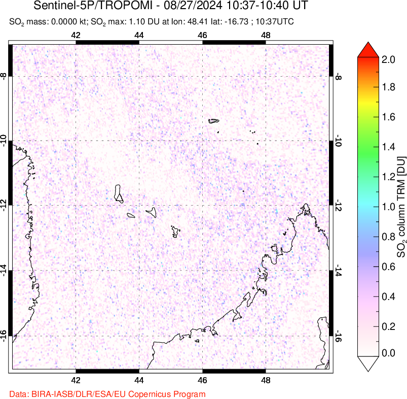 A sulfur dioxide image over Comoro Islands on Aug 27, 2024.