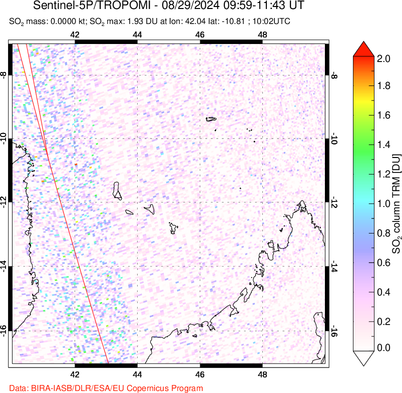 A sulfur dioxide image over Comoro Islands on Aug 29, 2024.