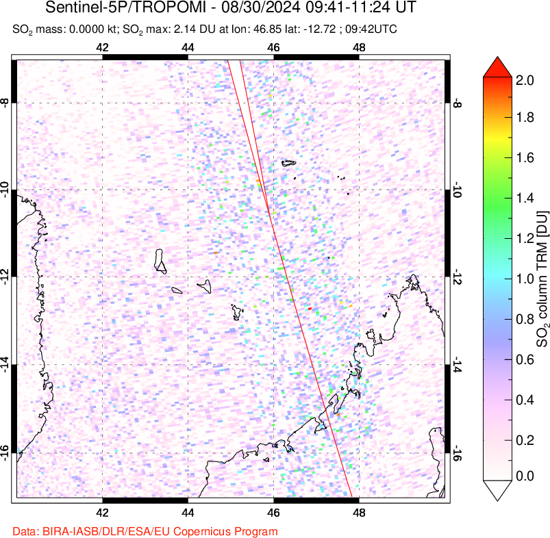 A sulfur dioxide image over Comoro Islands on Aug 30, 2024.