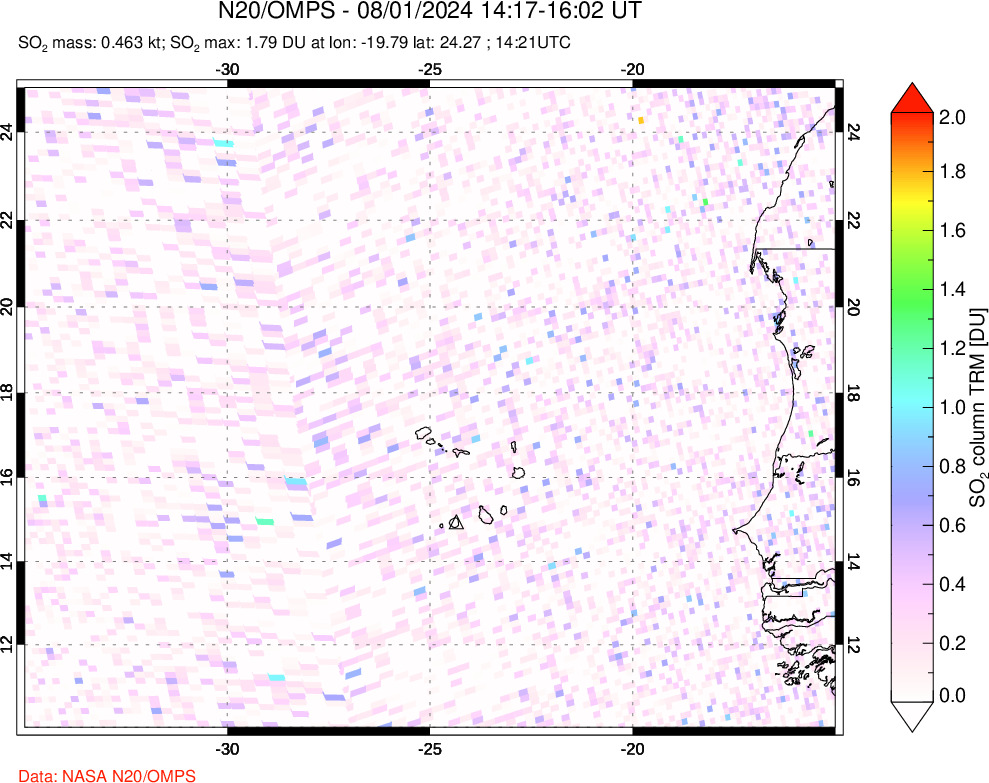 A sulfur dioxide image over Cape Verde Islands on Aug 01, 2024.