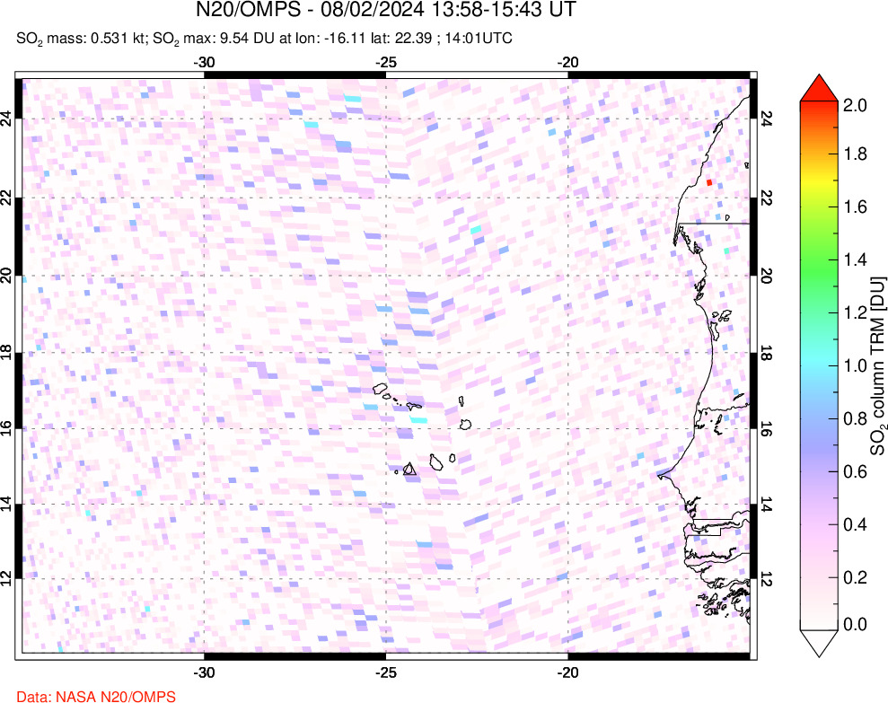 A sulfur dioxide image over Cape Verde Islands on Aug 02, 2024.