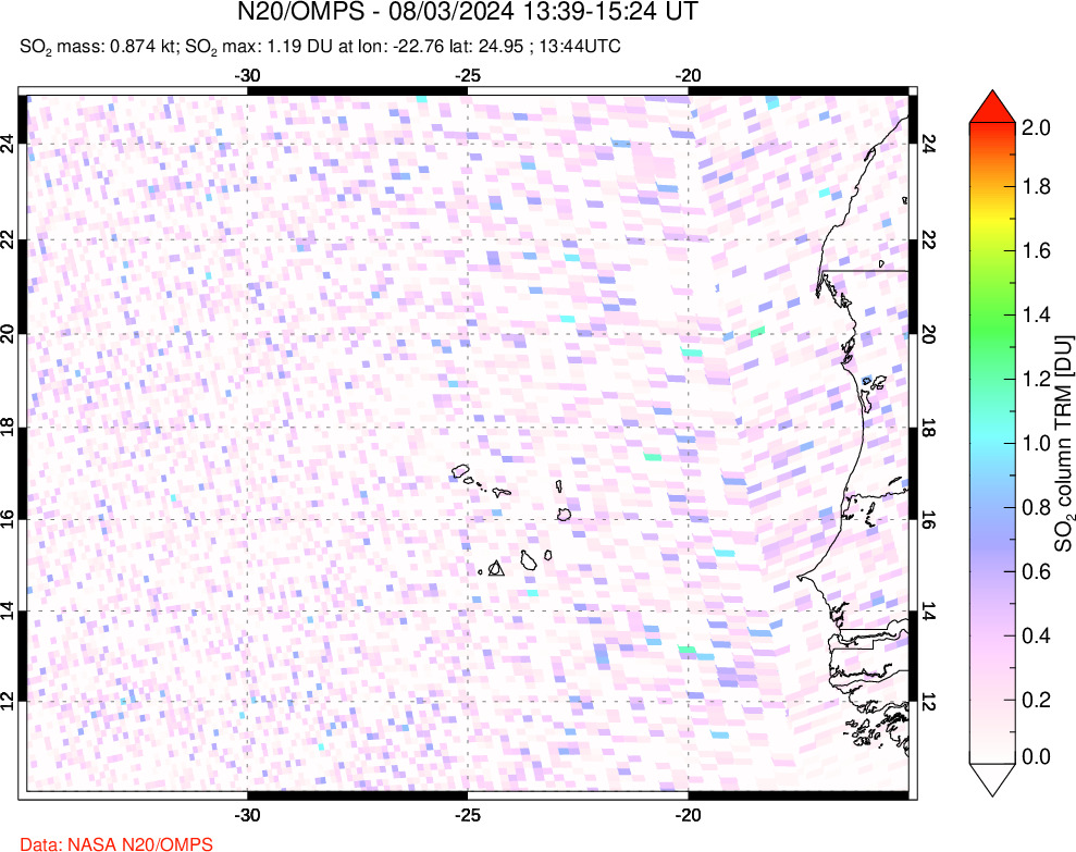 A sulfur dioxide image over Cape Verde Islands on Aug 03, 2024.