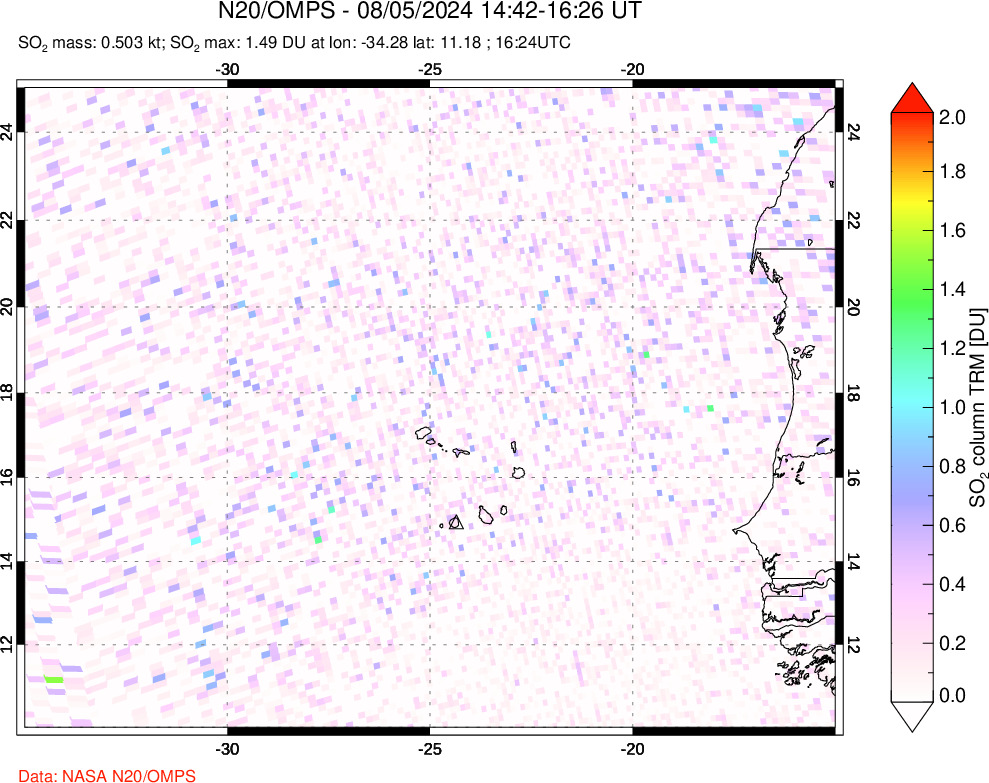 A sulfur dioxide image over Cape Verde Islands on Aug 05, 2024.