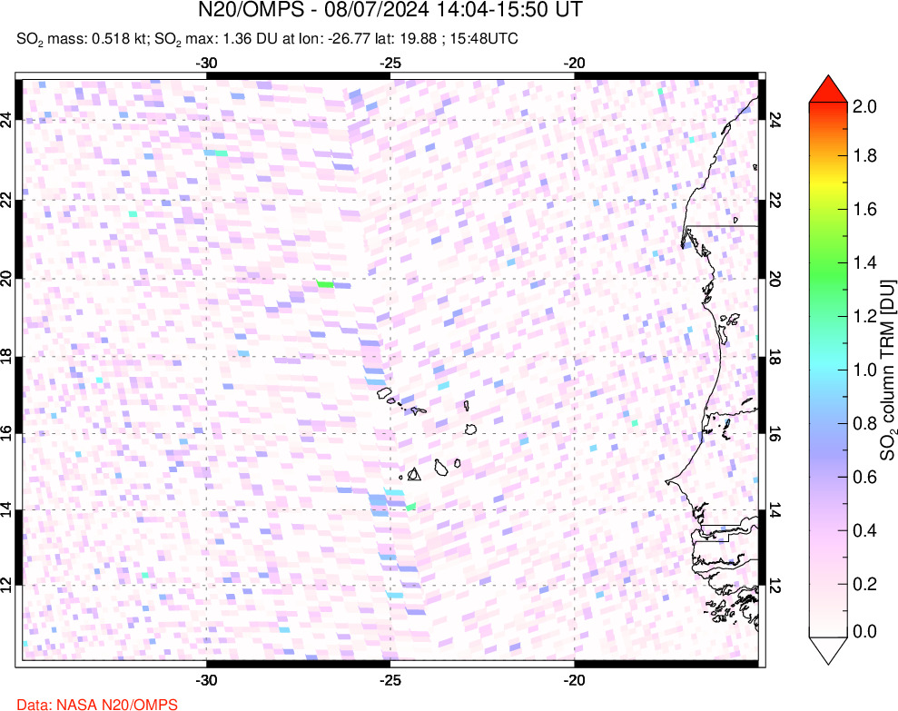 A sulfur dioxide image over Cape Verde Islands on Aug 07, 2024.