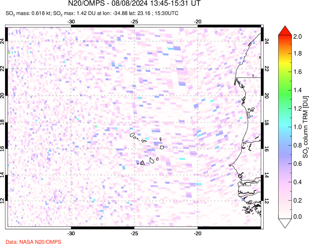 A sulfur dioxide image over Cape Verde Islands on Aug 08, 2024.