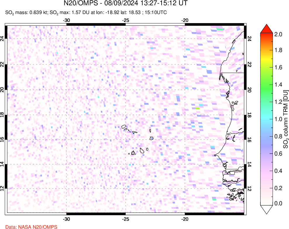 A sulfur dioxide image over Cape Verde Islands on Aug 09, 2024.