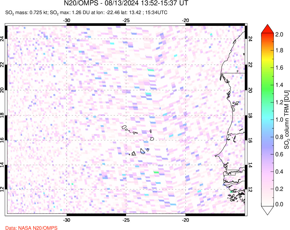 A sulfur dioxide image over Cape Verde Islands on Aug 13, 2024.