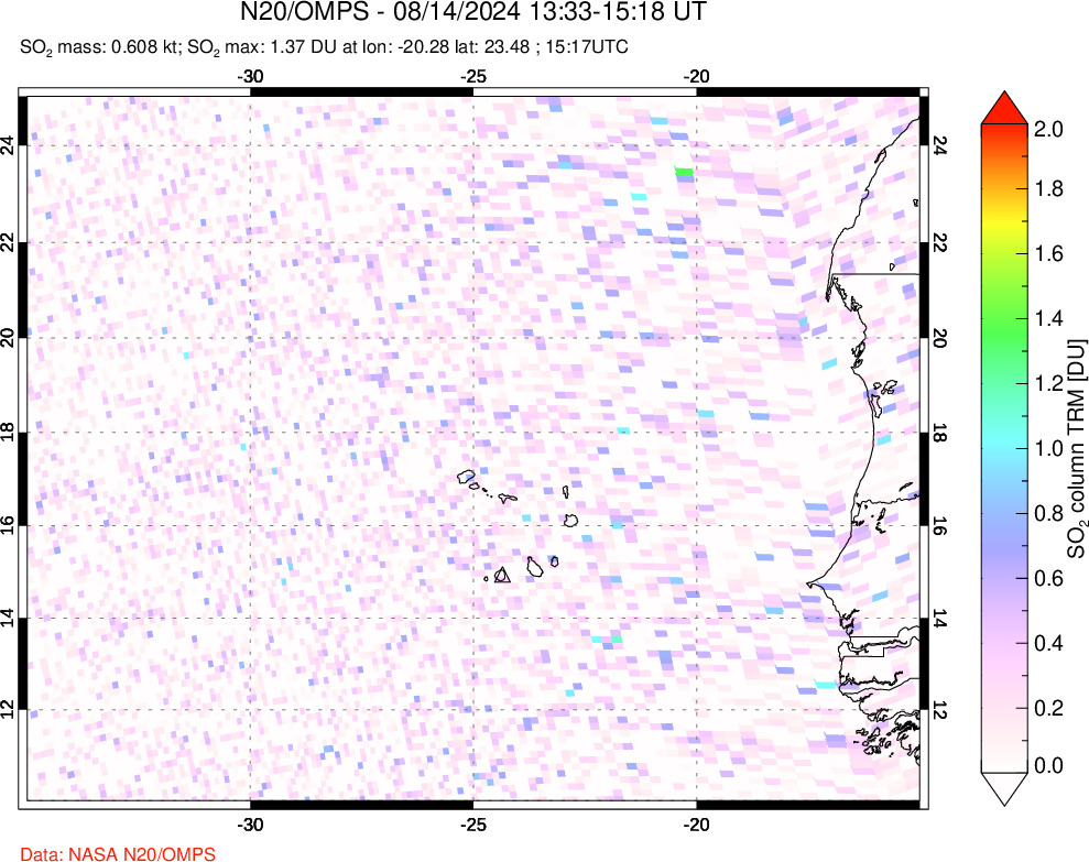 A sulfur dioxide image over Cape Verde Islands on Aug 14, 2024.