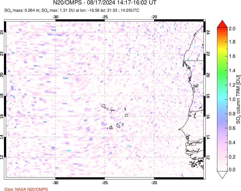 A sulfur dioxide image over Cape Verde Islands on Aug 17, 2024.