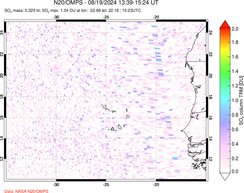 A sulfur dioxide image over Cape Verde Islands on Aug 19, 2024.