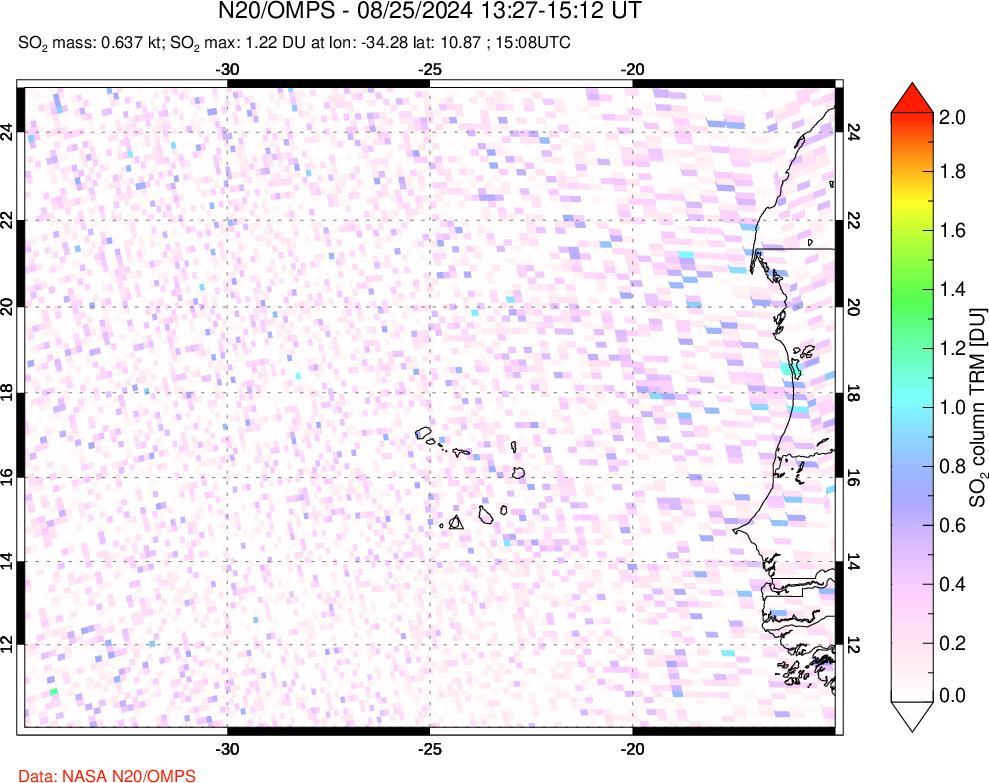 A sulfur dioxide image over Cape Verde Islands on Aug 25, 2024.