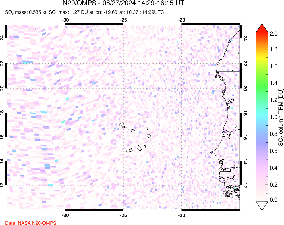 A sulfur dioxide image over Cape Verde Islands on Aug 27, 2024.