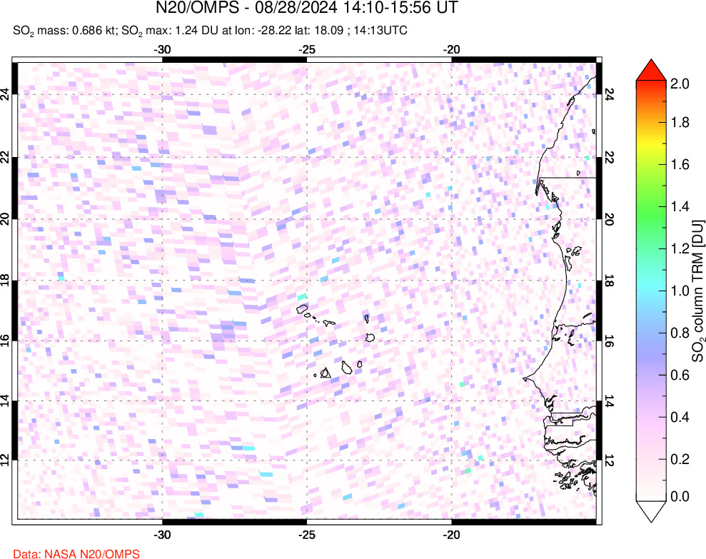 A sulfur dioxide image over Cape Verde Islands on Aug 28, 2024.