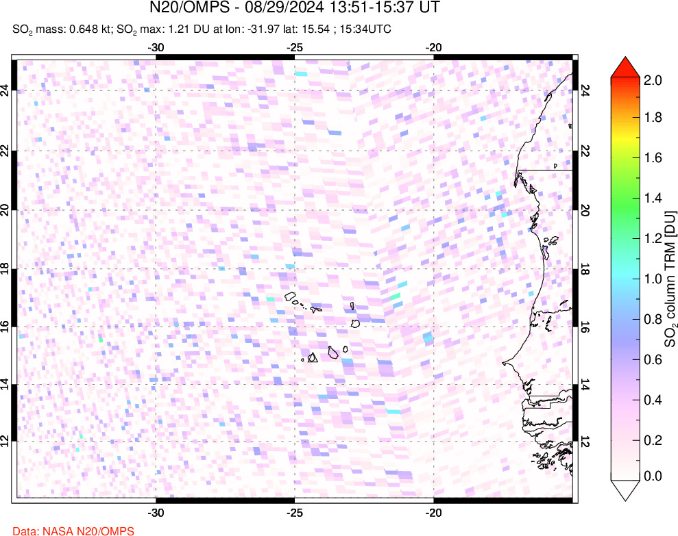 A sulfur dioxide image over Cape Verde Islands on Aug 29, 2024.