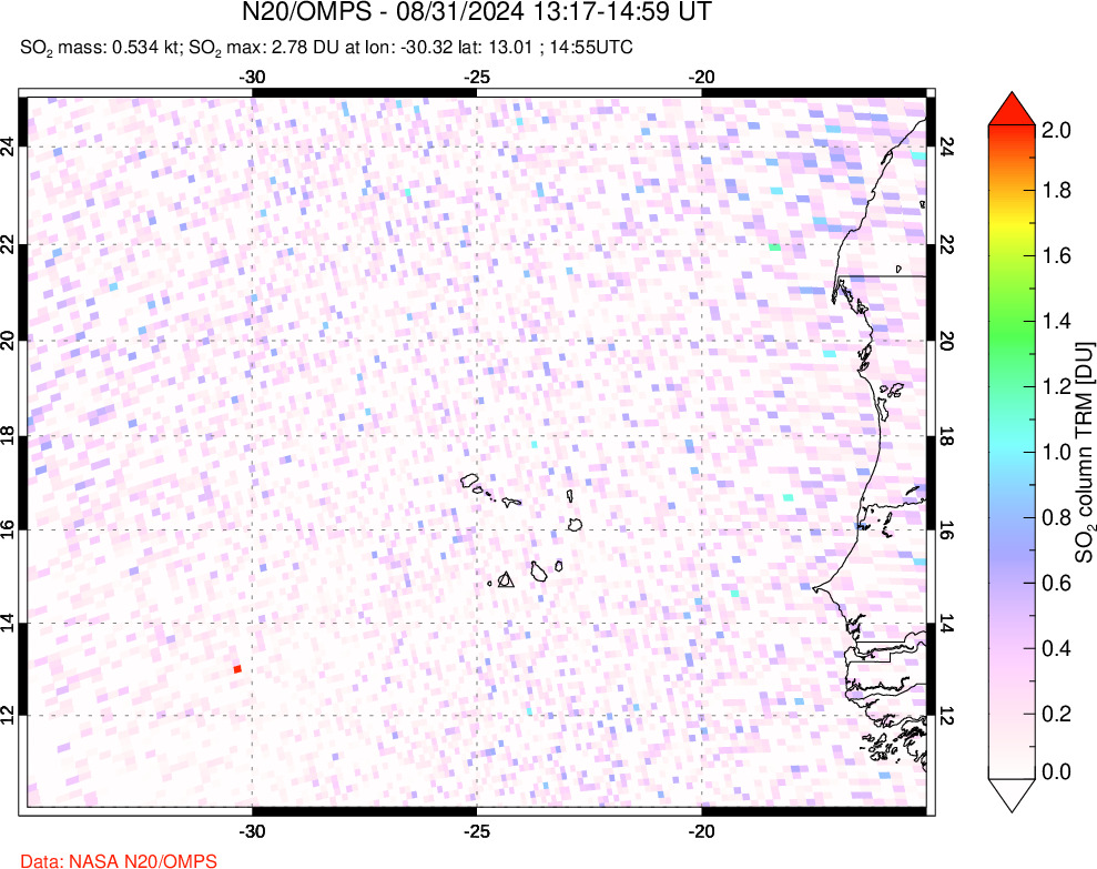 A sulfur dioxide image over Cape Verde Islands on Aug 31, 2024.