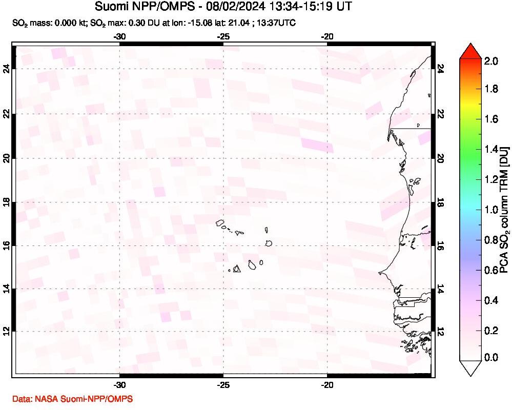 A sulfur dioxide image over Cape Verde Islands on Aug 02, 2024.