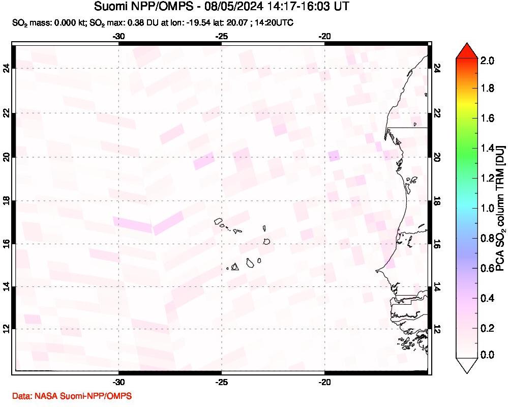 A sulfur dioxide image over Cape Verde Islands on Aug 05, 2024.