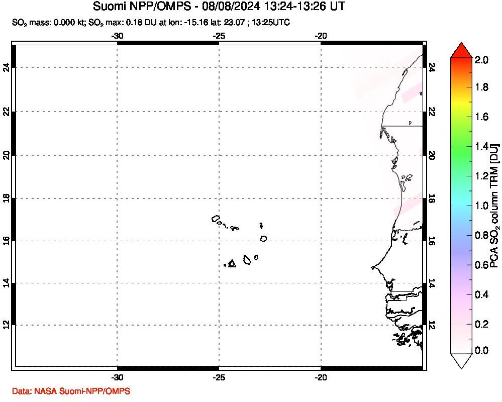 A sulfur dioxide image over Cape Verde Islands on Aug 08, 2024.