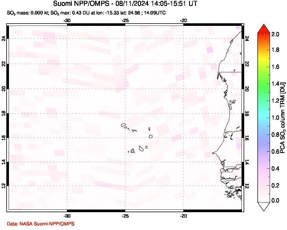 A sulfur dioxide image over Cape Verde Islands on Aug 11, 2024.