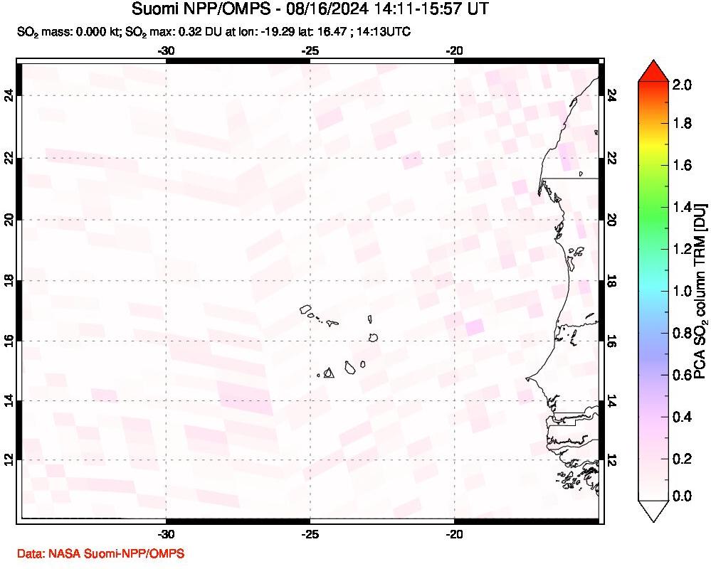 A sulfur dioxide image over Cape Verde Islands on Aug 16, 2024.