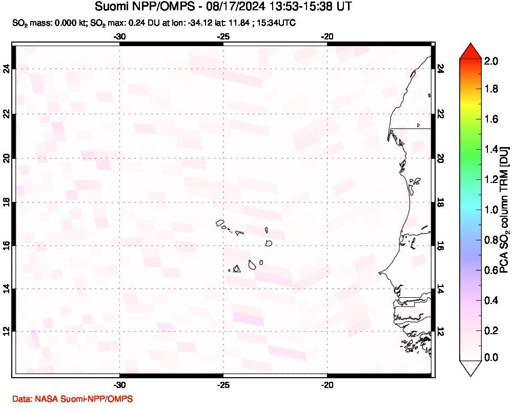 A sulfur dioxide image over Cape Verde Islands on Aug 17, 2024.